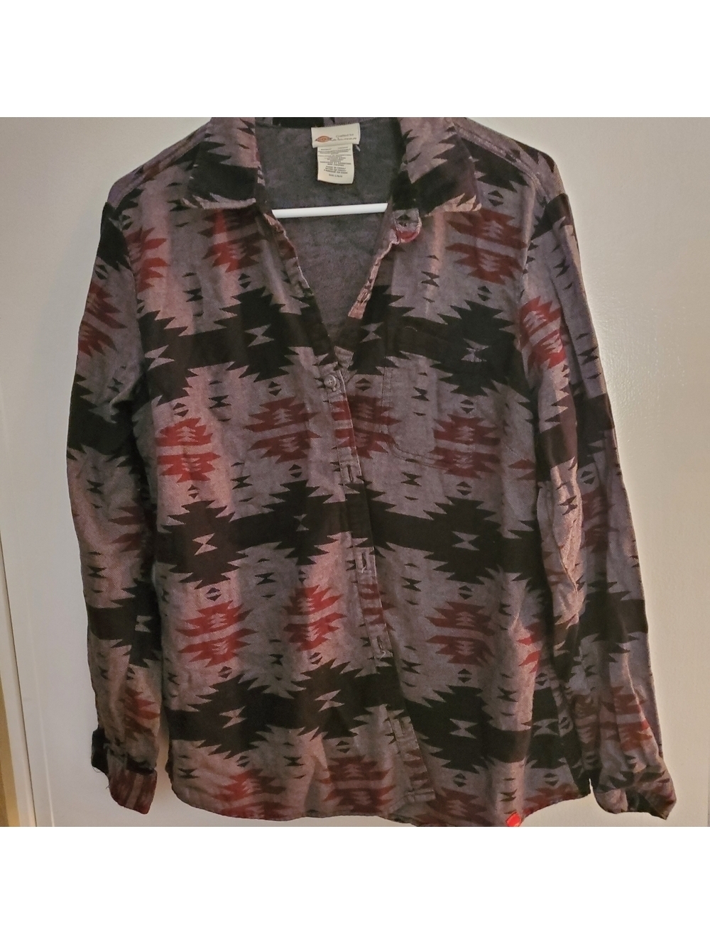Dickies Women's Black and Gray Patterned Button-Up Shirt, Size L, 100% Cotton